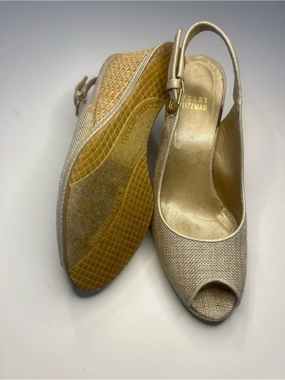 Stuart Weitzman Metallic Gold Peep-Toe Wedge Slingbacks - Picture 9 of 16